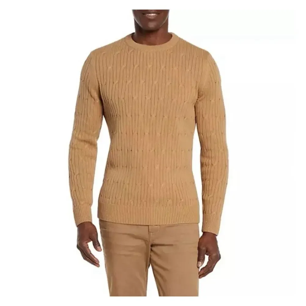 Express‎ Men's Braided Cable Knit Sweater Long Sleeves Crew Neck Pecan Color, L